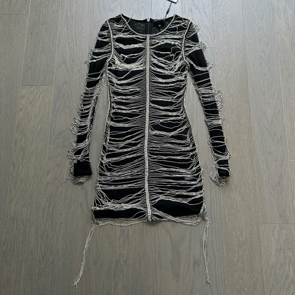 RETROFETE Jacqueline Black Crystal Embellished Mini Dress Long Sleeve Rhinestone - Picture 2 of 15